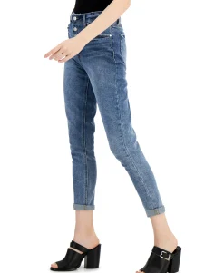 Teen Cuffed Exposed Button Mom Jeans (Young Women's Fit)