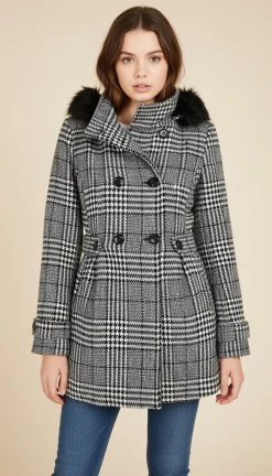 Teen Faux-Fur Trim Plaid Coat (Young Women's Fit)