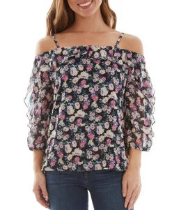Teen Floral-Print Ruffled Cold-Shoulder Top (Young Women's Fit)