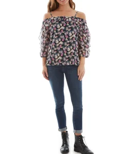 Teen Floral-Print Ruffled Cold-Shoulder Top (Young Women's Fit)