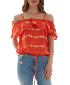 Teen Printed Off-The-Shoulder Ruffle-Trim Top (Young Women's Fit)