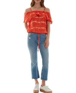 Teen Printed Off-The-Shoulder Ruffle-Trim Top (Young Women's Fit)