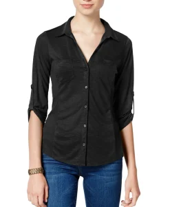 Teen Ribbed-Panel Button-Down Top (Young Women's Fit)