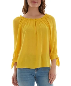 Teen Ruffled-Neck Tie-Cuff Textured Top (Young Women's Fit)