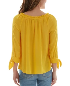 Teen Ruffled-Neck Tie-Cuff Textured Top (Young Women's Fit)