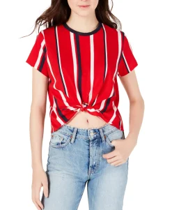Teen Striped Knot-Front Cropped T-Shirt (Young Women's Fit)