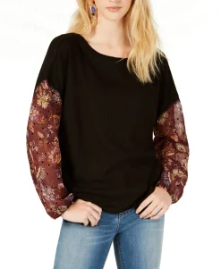 Teen Waffle-Knit Sheer-Sleeve Top (Young Women's Fit)