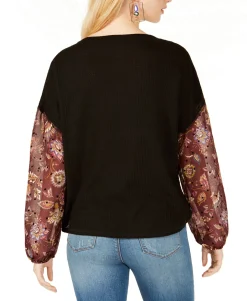 Teen Waffle-Knit Sheer-Sleeve Top (Young Women's Fit)