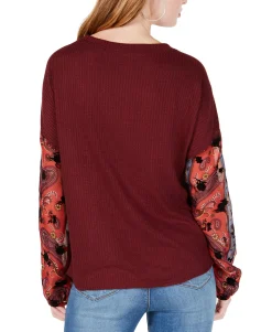 Teen Waffle-Knit Sheer-Sleeve Top (Young Women's Fit)