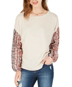 Teen Waffle-Knit Sheer-Sleeve Top (Young Women's Fit)