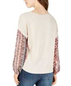 Teen Waffle-Knit Sheer-Sleeve Top (Young Women's Fit)