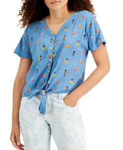 Women's Beach-Print Tie-Front Gauze Top