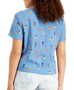 Women's Beach-Print Tie-Front Gauze Top