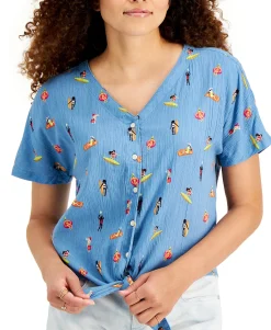 Women's Beach-Print Tie-Front Gauze Top