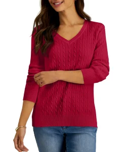 Women's Cable-Knit V-Neck Cotton Sweater