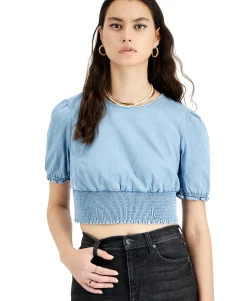 Women's Chambray Puff-Sleeve Top