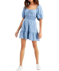 Women's Chambray Smocked-Waist Mini Dress