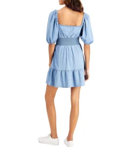Women's Chambray Smocked-Waist Mini Dress