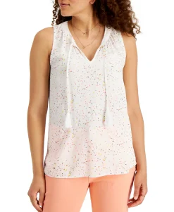 Women's Confetti-Print Split-Neck Tassel Tank