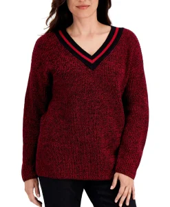 Women's Contrast Varsity-Striped V-Neck Sweater