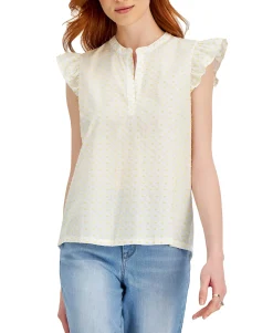 Women's Cotton Clip-Dot Ruffled-Sleeve Top