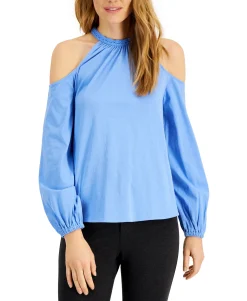 Women's Cotton Crochet-Trim Cold-Shoulder Top