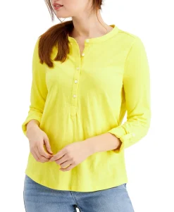 Women's Cotton Cuffed-Sleeve Henley Top