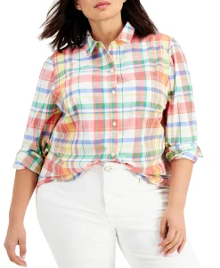 Women's Cotton Plaid Button-Down Shirt
