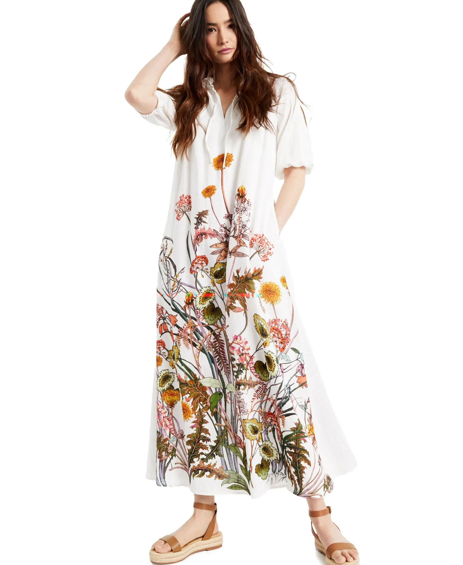 Women's Cotton Printed Puff-Sleeve Maxi Dress