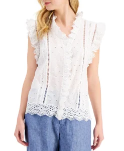 Women's Cotton Ruffled Eyelet Top