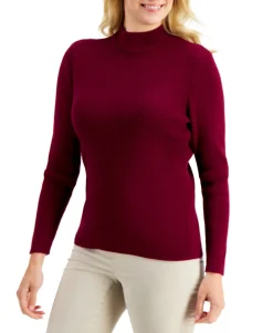 Women's Cotton Solid Rib Mock-Neck Sweater