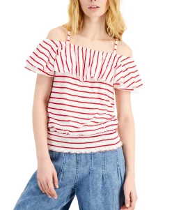 Women's Cotton Stripe-Print Cold-Shoulder Top