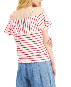 Women's Cotton Stripe-Print Cold-Shoulder Top