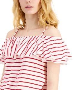 Women's Cotton Stripe-Print Cold-Shoulder Top