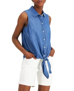 Women's Cotton Tie-Hem Sleeveless Shirt