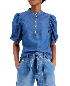 Women's Denim Puff-Sleeve Top