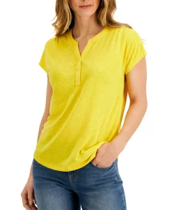 Women's Dolman-Sleeve Henley Linen-Blend Top