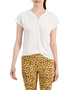 Women's Dolman-Sleeve Henley Linen-Blend Top