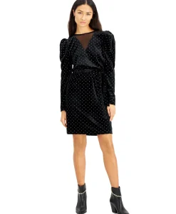 Women's Dot-Print Velvet Puff-Sleeve Dress