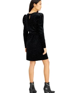 Women's Dot-Print Velvet Puff-Sleeve Dress