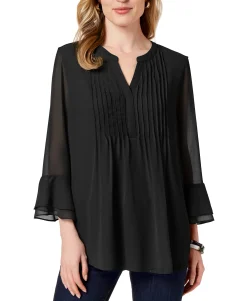 Women's Double Ruffle Solid Pintuck Top