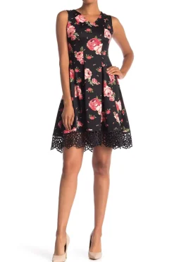 Women's Floral-Print Crochet-Hem Fit & Flare Dress