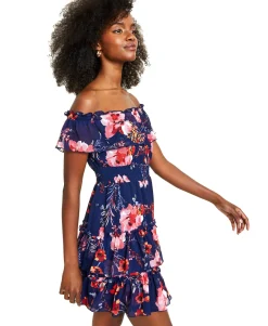Women's Floral-Print Off-The-Shoulder Ruffled Mini Dress