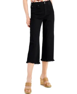 Women's High Rise Frayed Hem Cropped Wide Leg Jeans