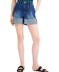 Women's High Rise Pleated Cuffed Jean Shorts