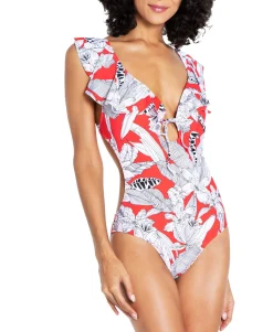 Women's Island Getaway Tie-Front Ruffle One-Piece Swimsuit