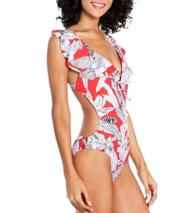 Women's Island Getaway Tie-Front Ruffle One-Piece Swimsuit