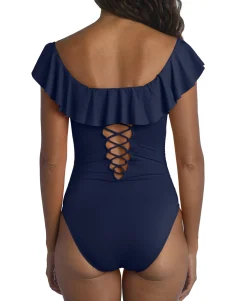Women's Island Goddess Off-The-Shoulder Ruffled Tummy-Control One-Piece Swimsuit