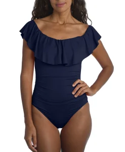 Women's Island Goddess Off-The-Shoulder Ruffled Tummy-Control One-Piece Swimsuit