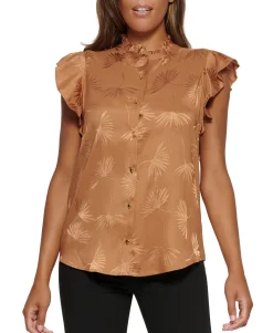 Women's Jacquard Cap-Sleeve Button-Down Blouse